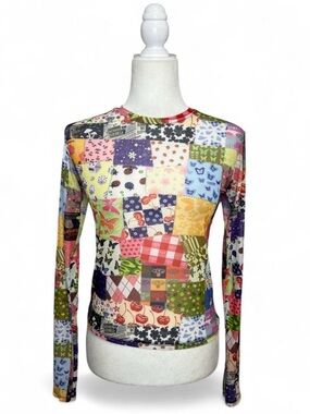 Omighty long sleeve colorful sheer mesh patchwork graphic top
